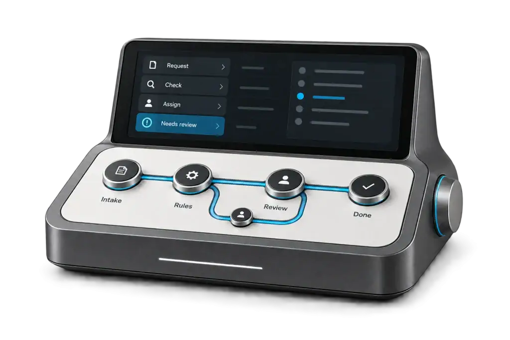 An isolated workflow console links useful automation with a clear review step.