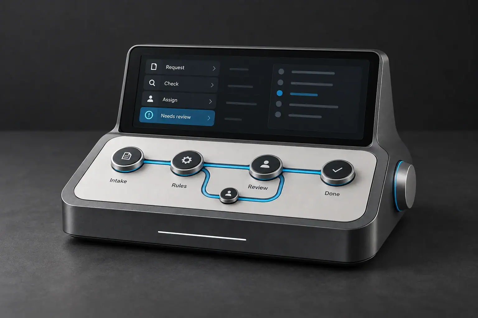 A crafted workflow console connects incoming requests, automated actions and a clear human-review step.
