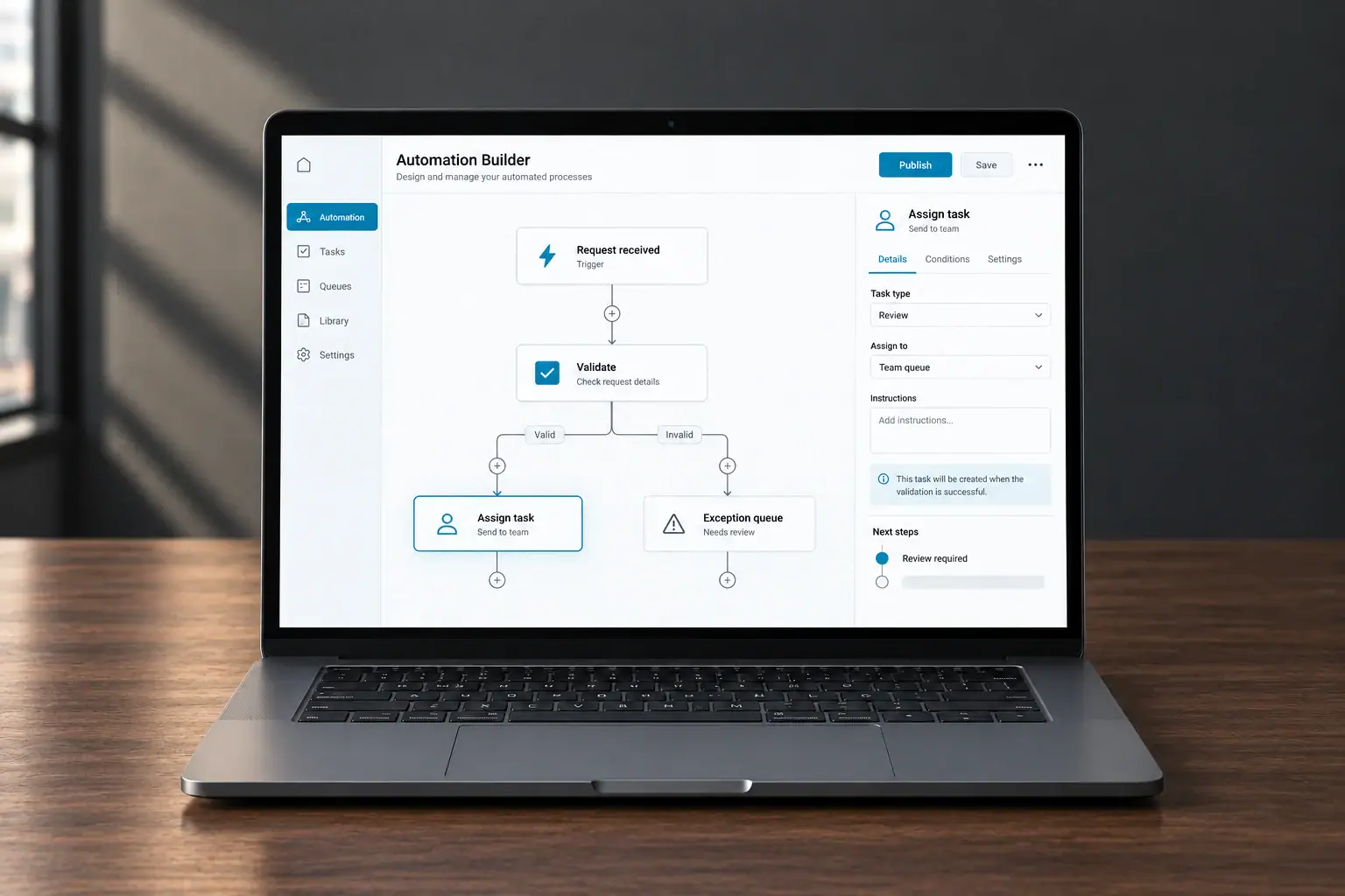 A realistic laptop workspace shows one useful workflow and its exception queue.