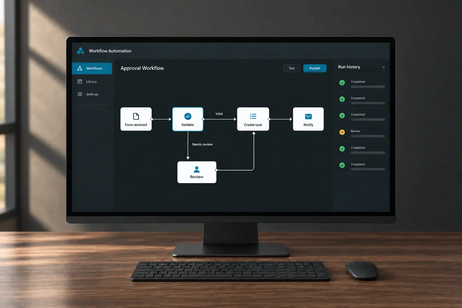 A monitor displays a practical workflow editor with an adjacent run-history panel.