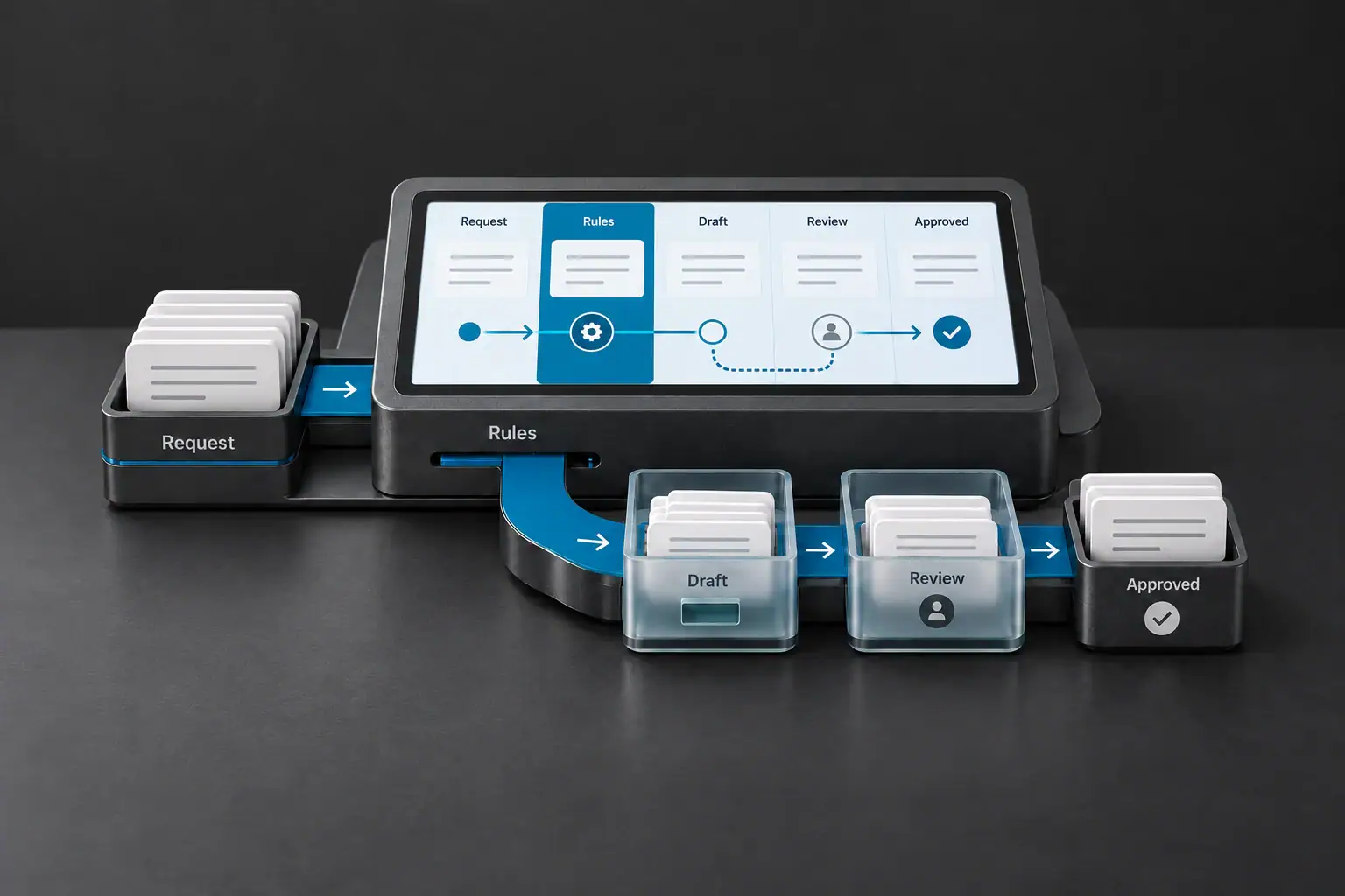 A compact automation instrument separates rule-based actions from a reviewed AI draft.