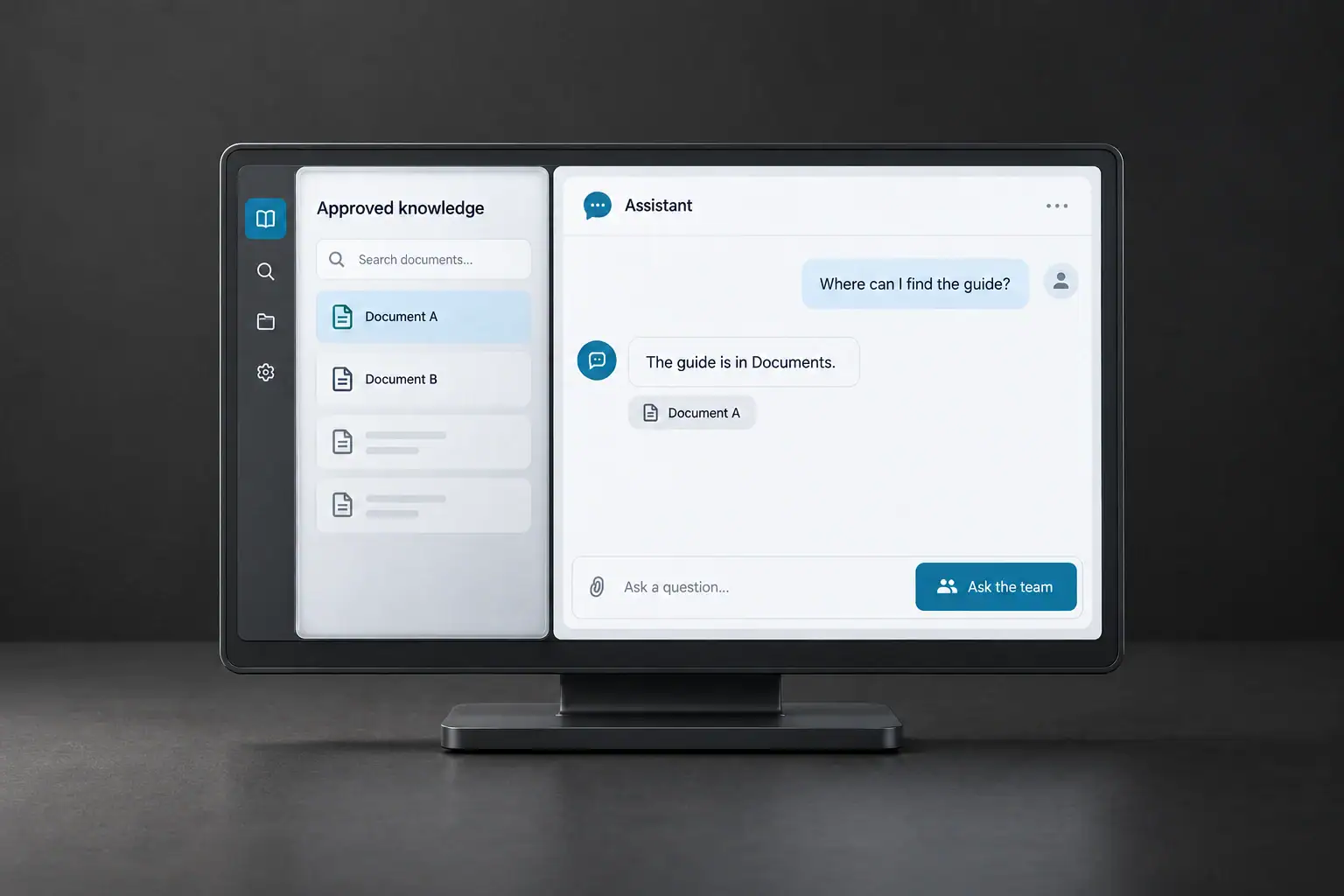 A refined assistant interface connects approved knowledge with an answer and an obvious team handoff.