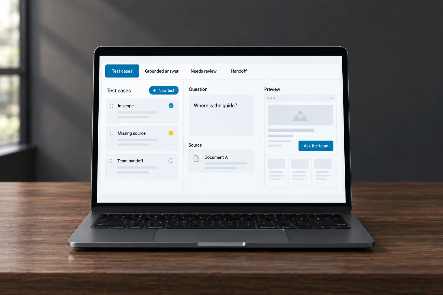 A realistic assistant testing workspace shows grounded answers, review cases and a team handoff.