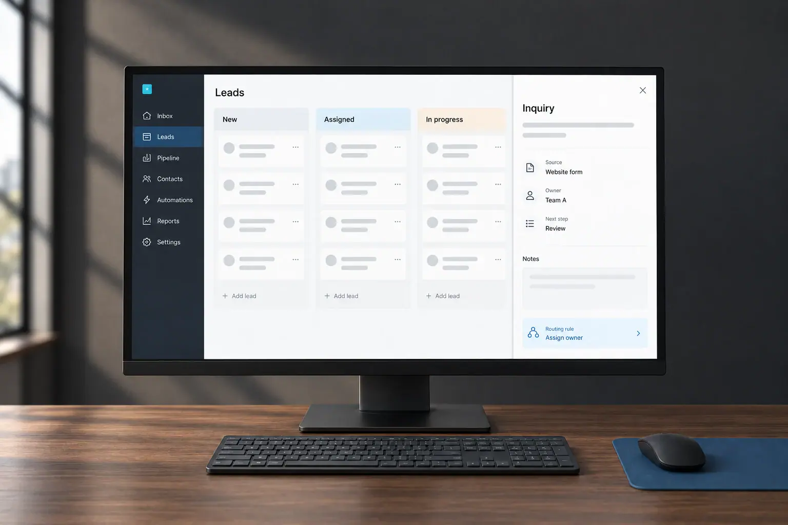 A realistic CRM screen pairs a neutral inquiry pipeline with clear routing and ownership.