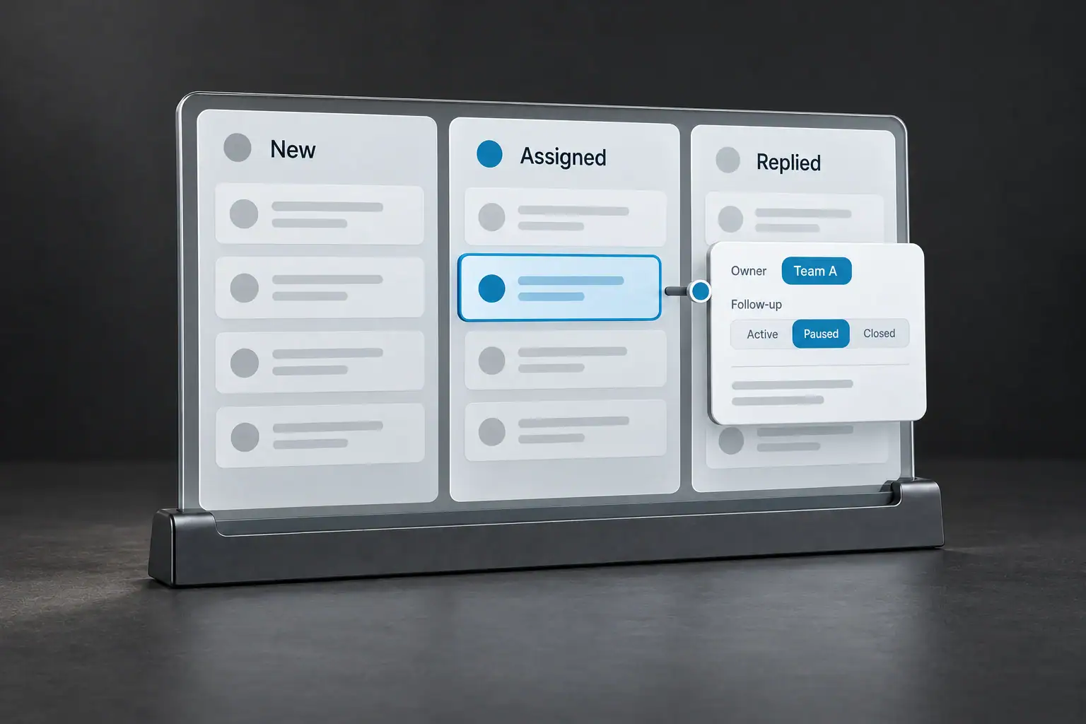 A dimensional pipeline interface connects clear ownership with paused follow-up after a reply.