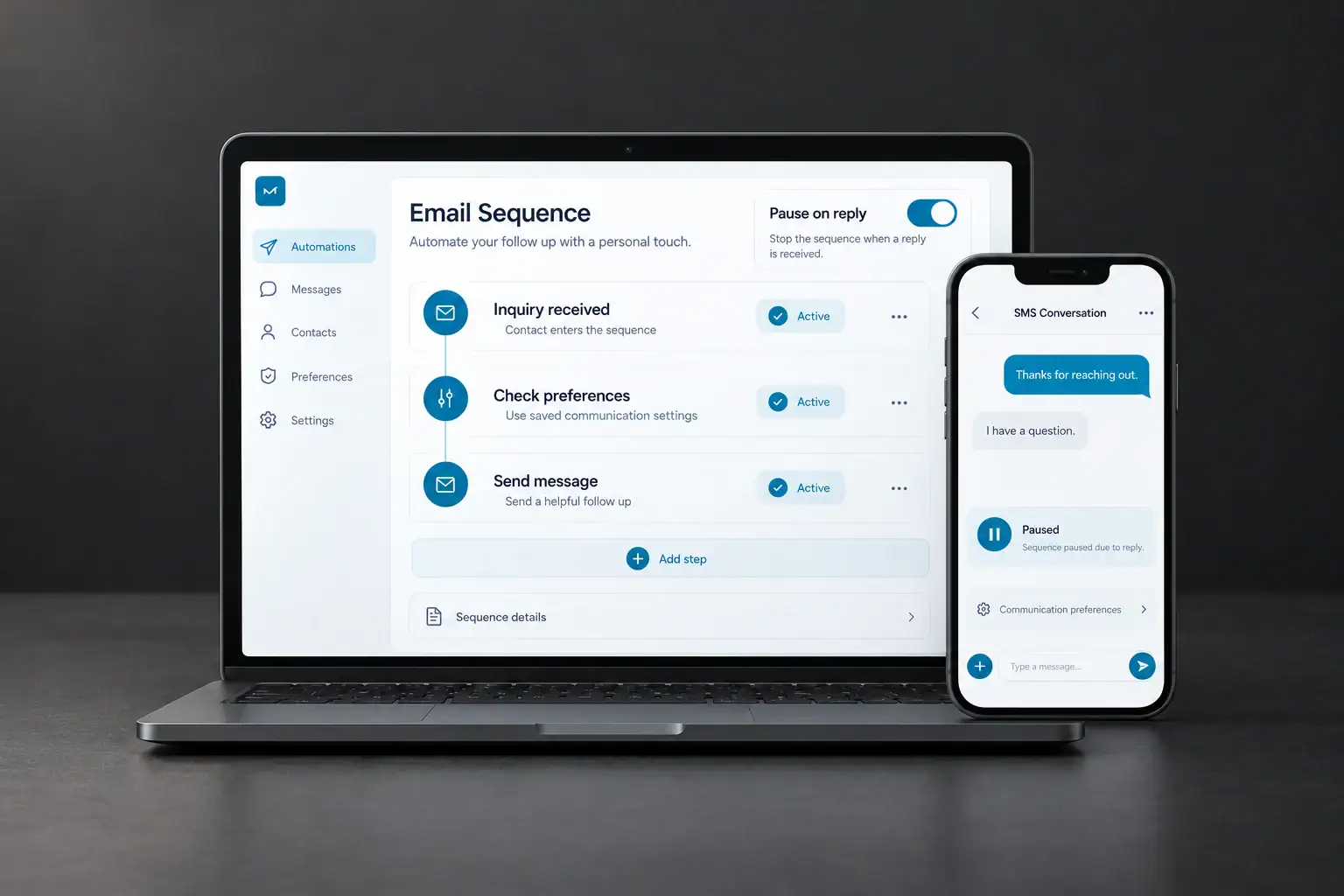 A cohesive email and SMS interface highlights consent, reply handling and paused automation.