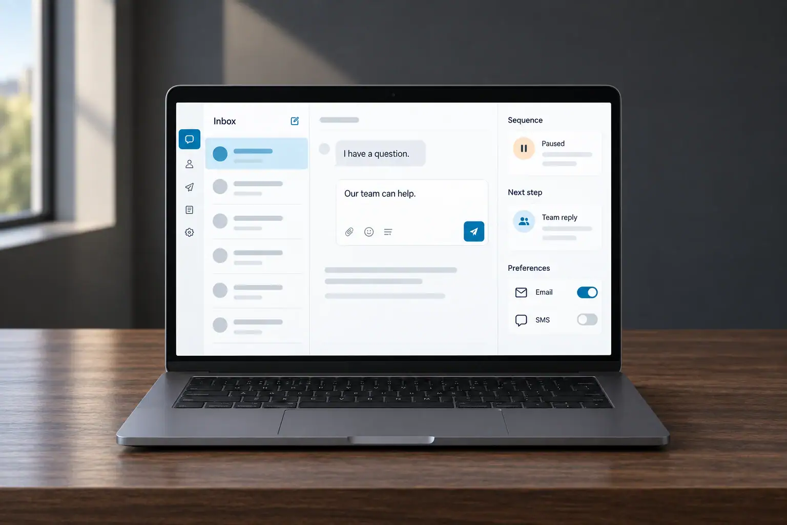 A realistic inbox and sequence screen shows a reply pausing automation and creating a clear team task.