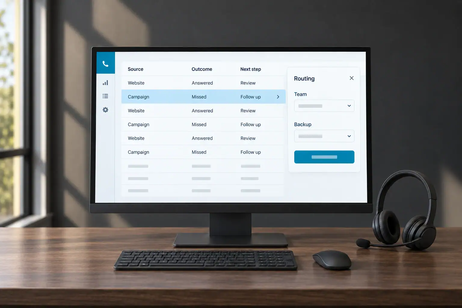 A practical headset and monitor show neutral call-source and follow-up information without caller data.