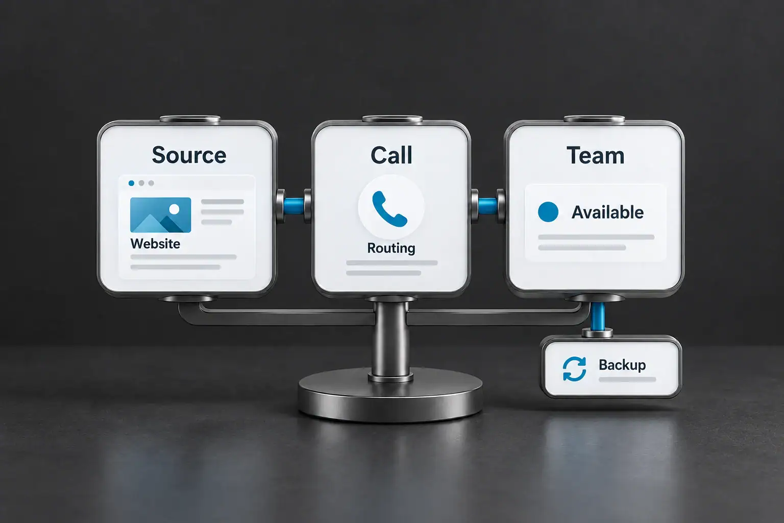 A compact call-routing model connects a website source, call handling and a backup route.