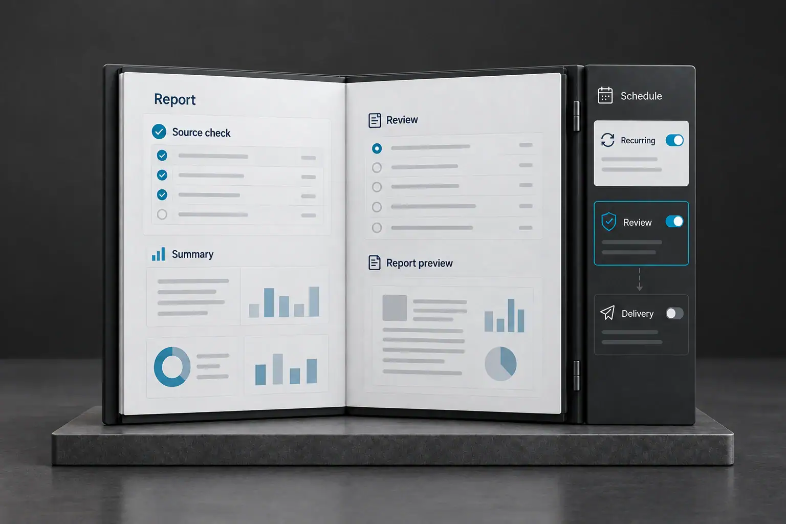A refined reporting assembly connects source preparation, review and scheduled delivery.