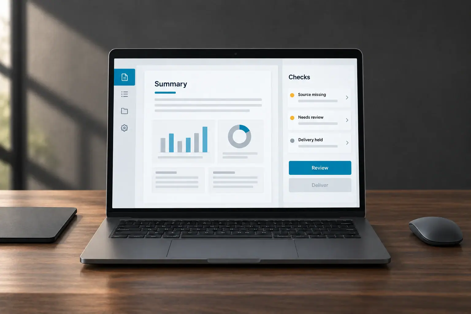 A realistic report-review workspace flags a missing source and holds distribution for review.