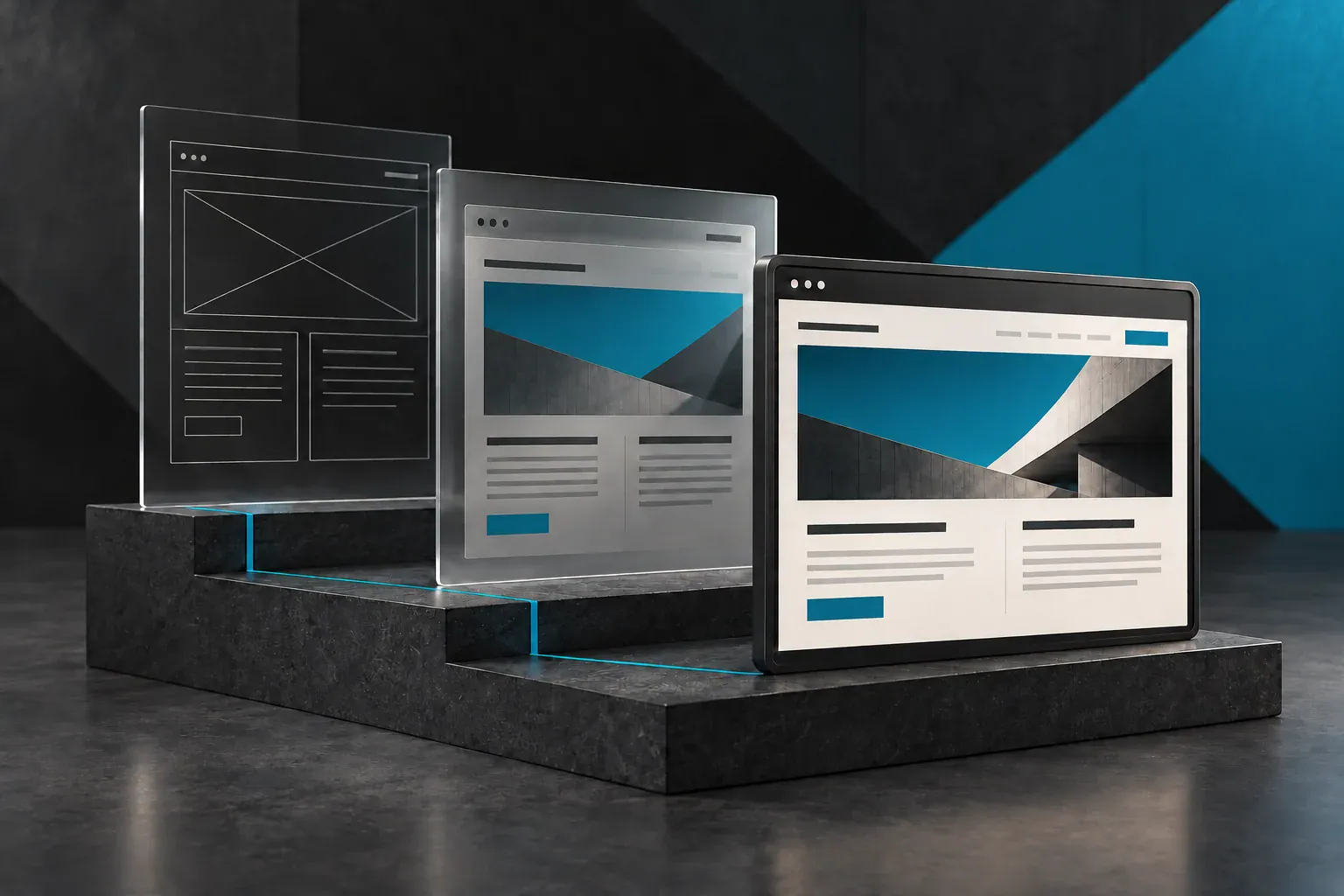 Three website design stages, from a wireframe through a refined layout to a finished page, connected by a blue line.