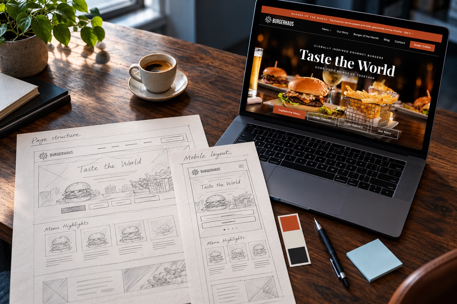 Hand-sketched Burgerhaus page and mobile wireframes next to a laptop showing the finished website
