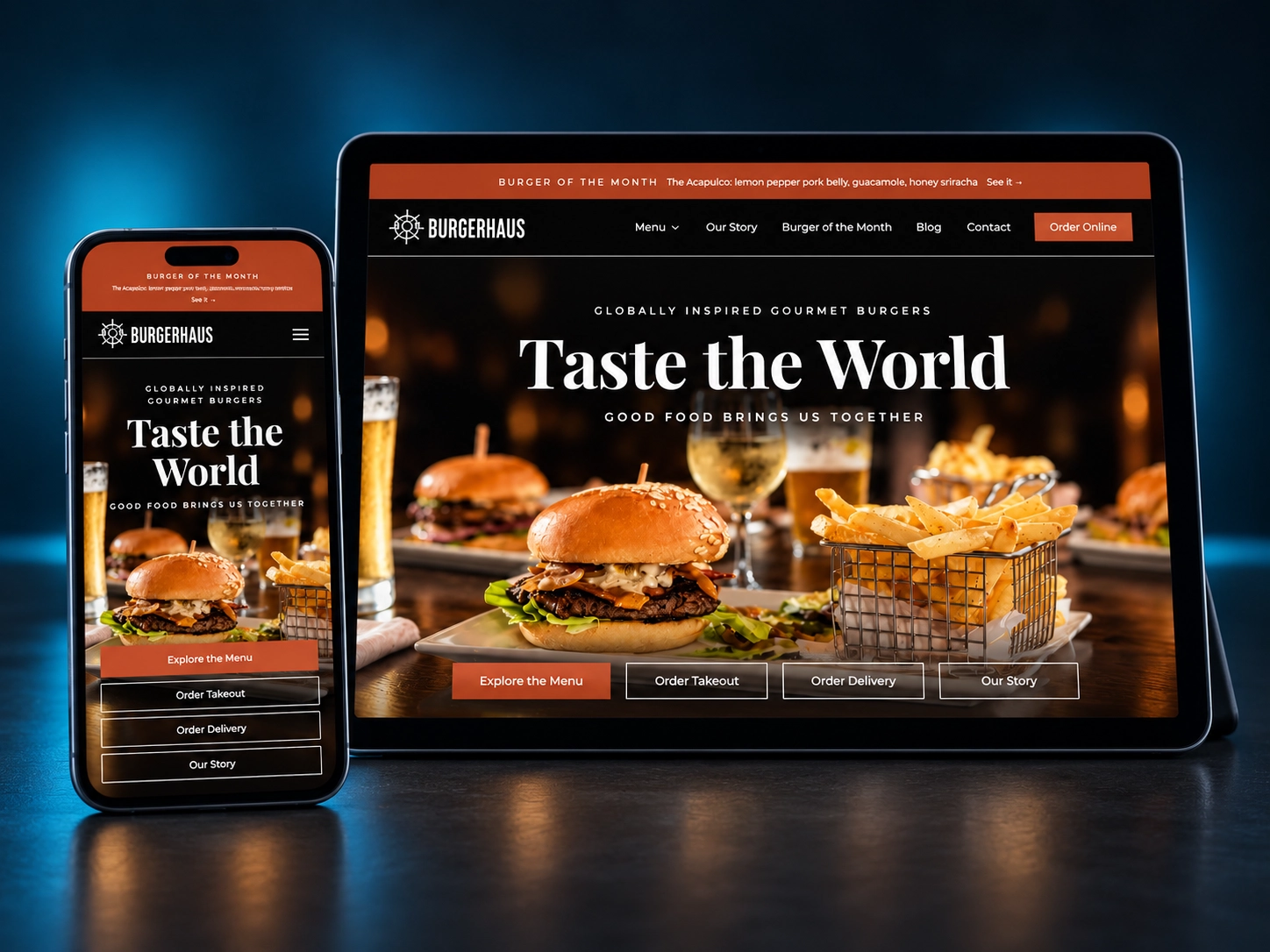 Burgerhaus restaurant website shown on a tablet and a phone