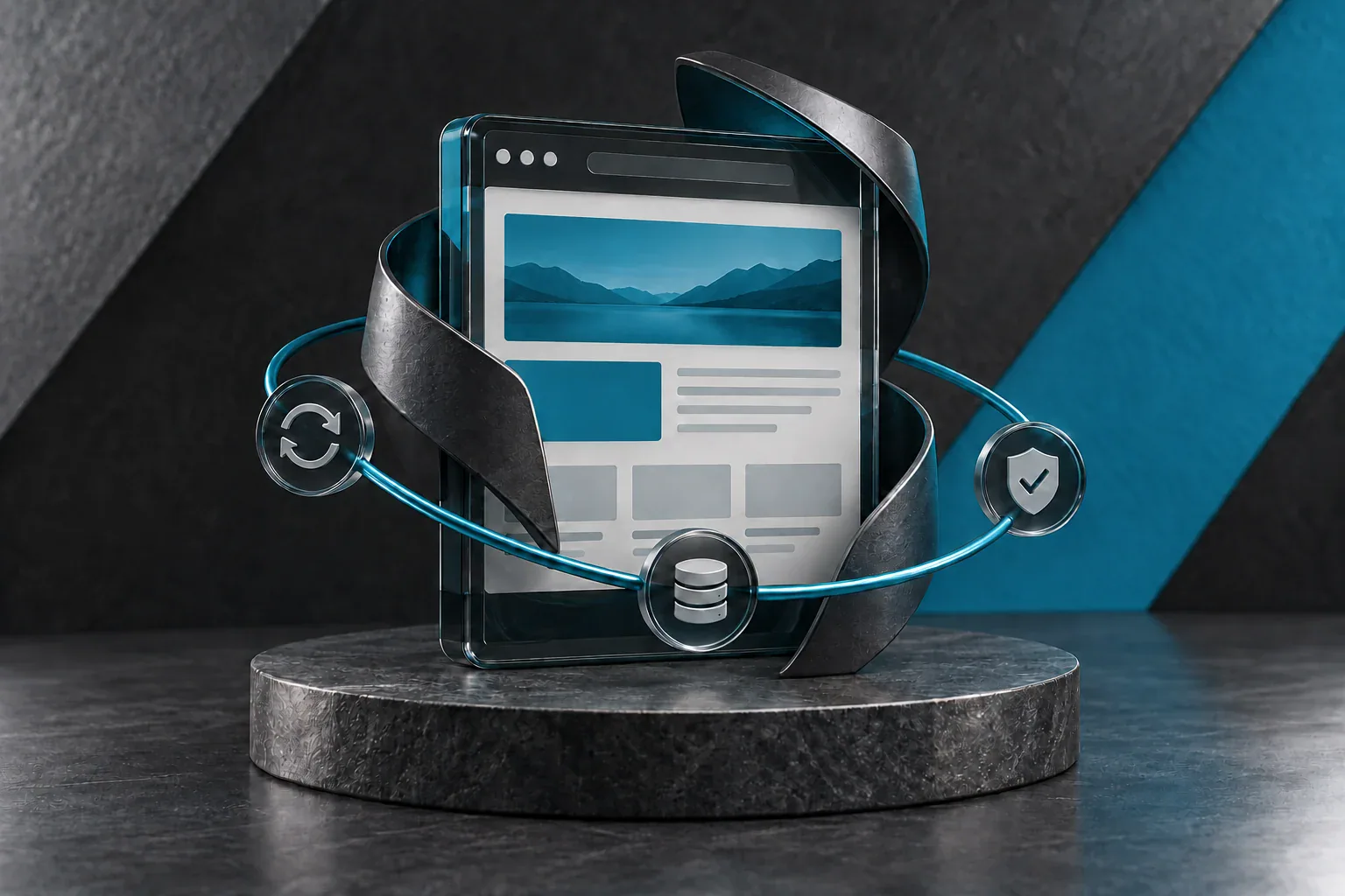 Sculptural website wrapped in protective charcoal ribbons, with update, backup and security symbols in JWM blue.