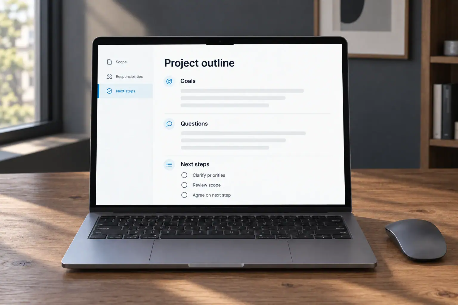 A realistic laptop shows project goals, open questions and a proposed next step in a clear planning workspace.