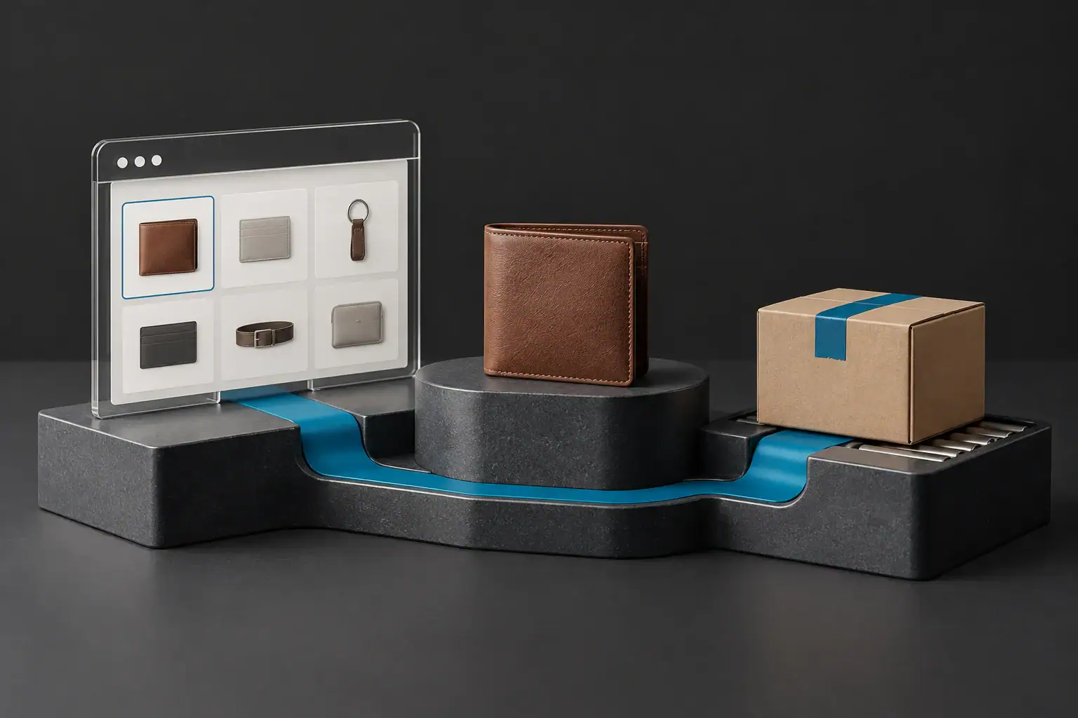 A sculptural storefront, product selection and parcel connected as one ecommerce system in JWM blue.