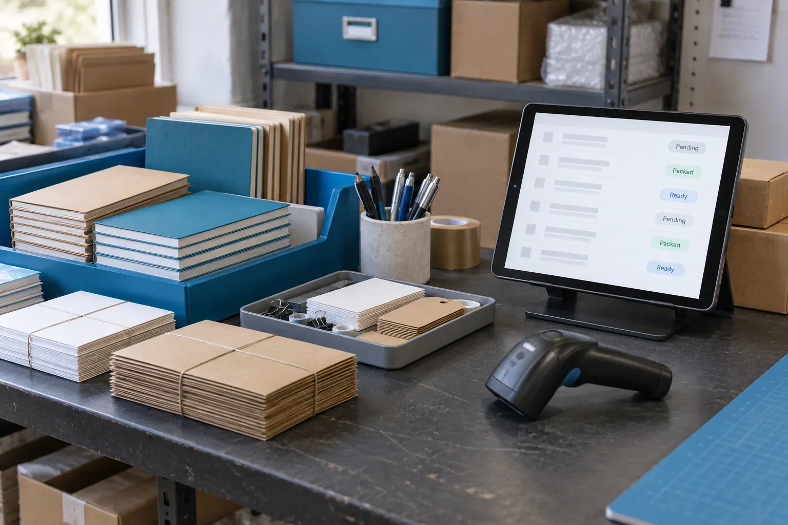A practical ecommerce packing workspace with grouped orders, a barcode scanner and a tablet showing an order list.