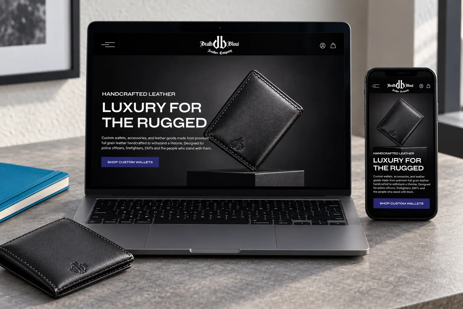 A realistic laptop and phone display the Death Blow Leather storefront, with a leather product nearby.