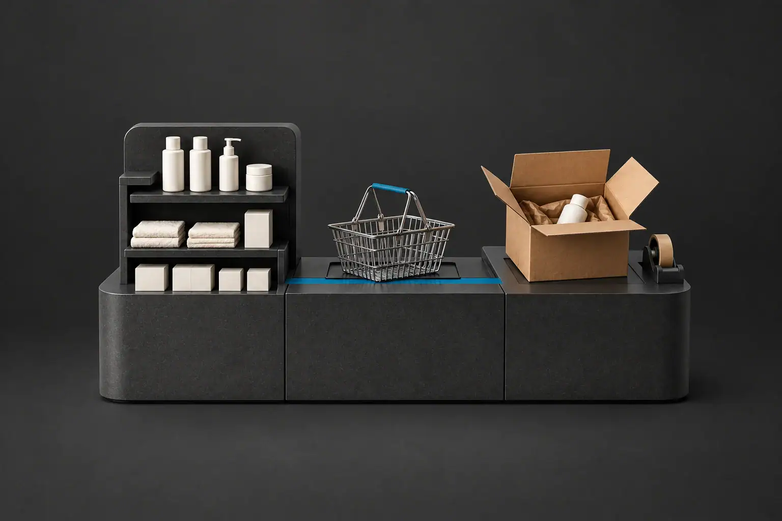 A coordinated retail counter connects product organization, a shopping basket and a packed order.