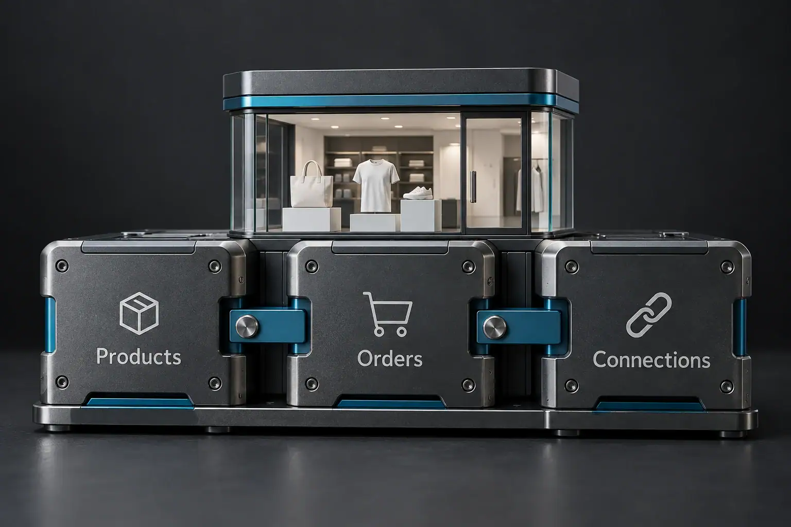Precisely fitted ecommerce modules for products, orders and connections form a maintainable store system.