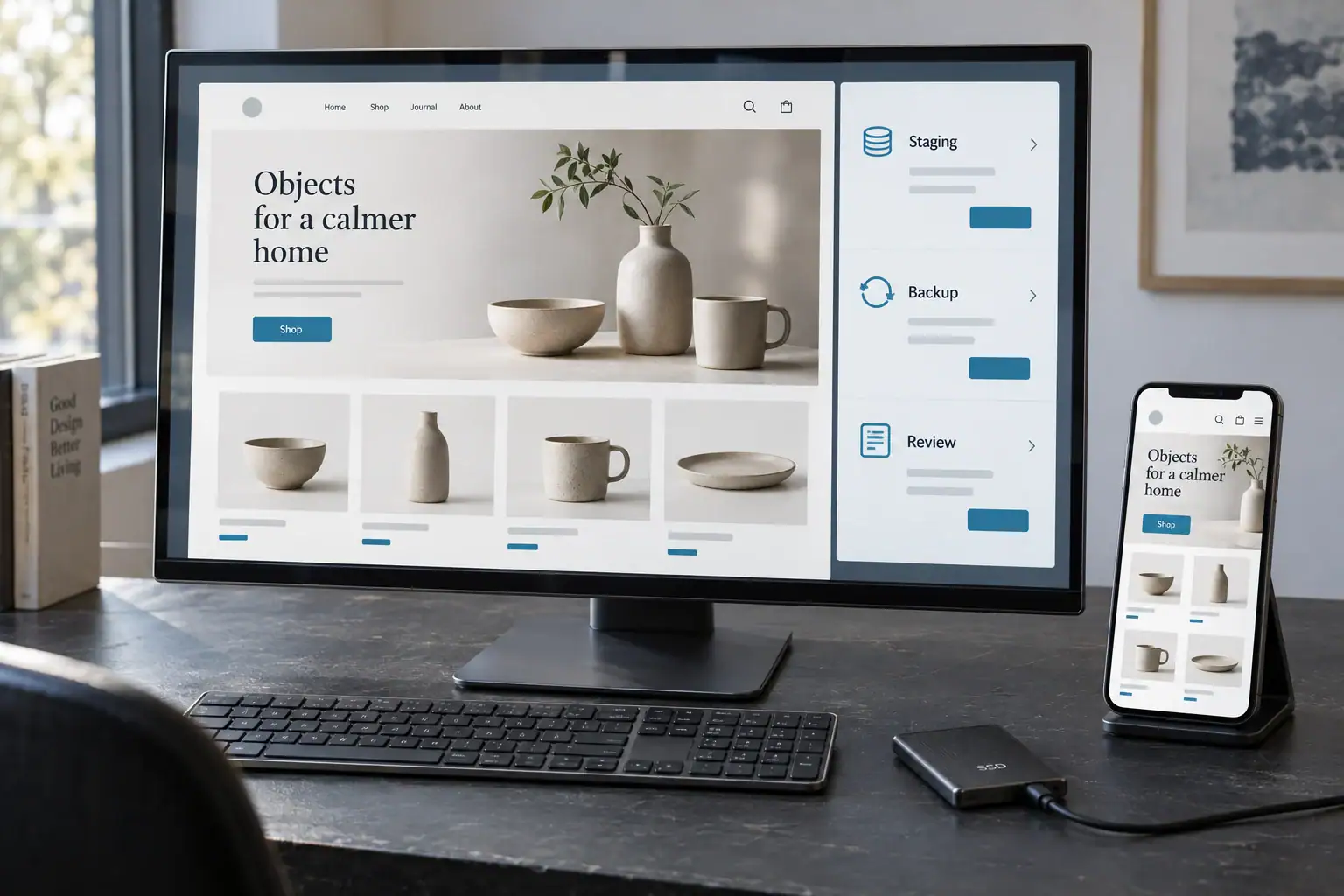 A realistic developer workspace shows a store staging preview and a short launch-review checklist.