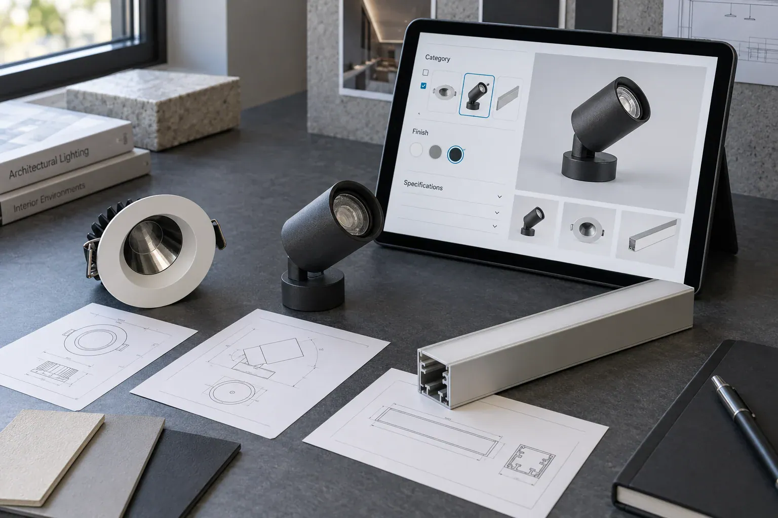A catalog planning desk pairs lighting product samples and specification sheets with a tablet showing organized product filters.