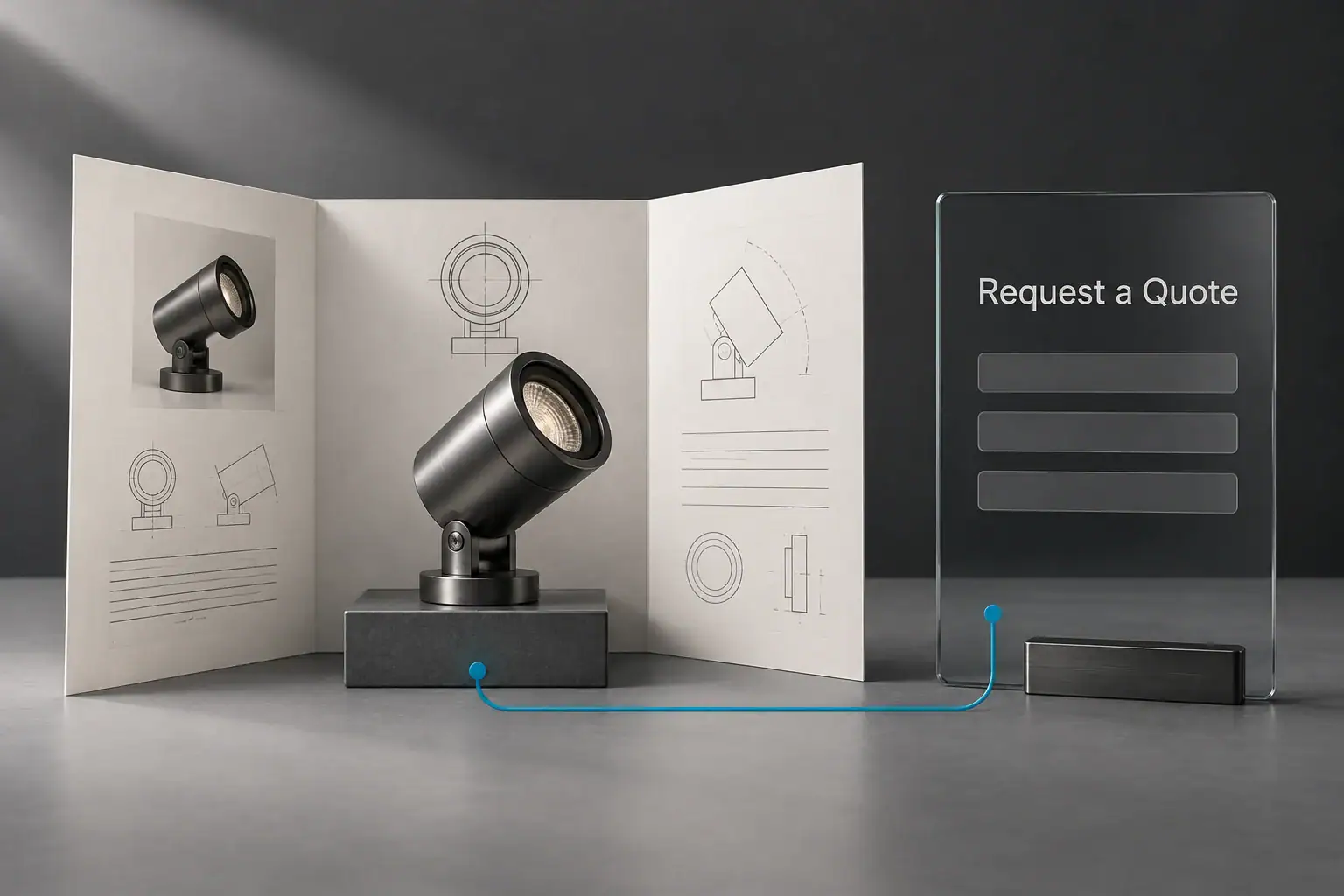 A product specification card and sample connect directly to a clear request-a-quote form.