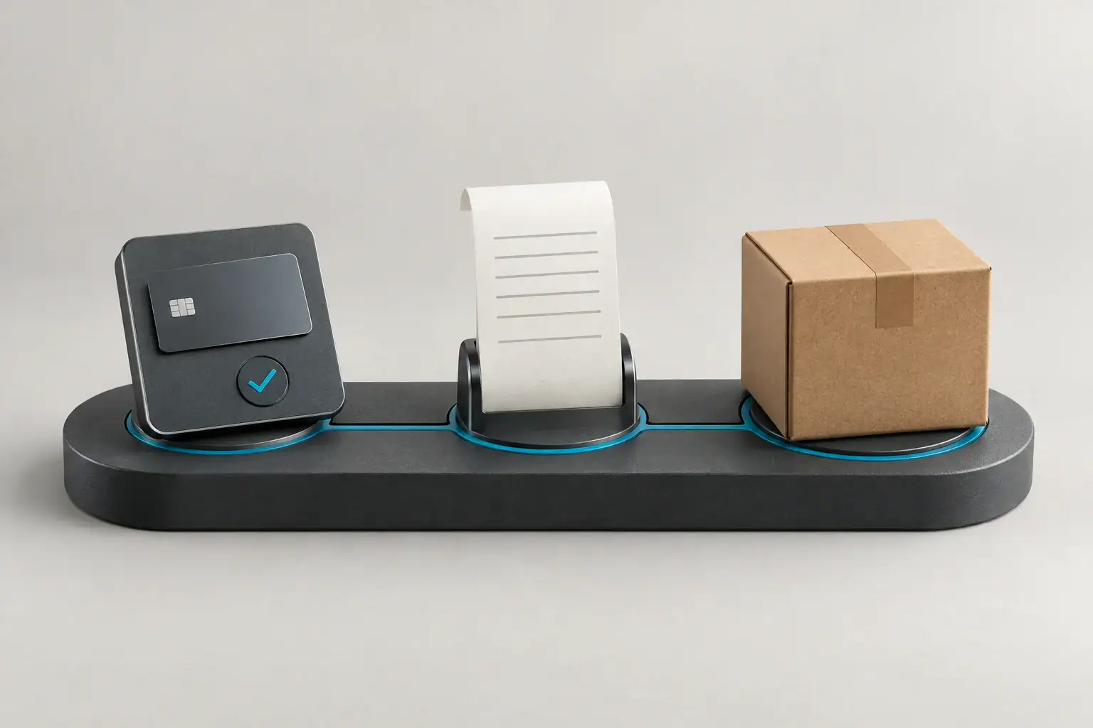 A payment confirmation tile, order receipt and parcel form one connected checkout-to-shipping system.