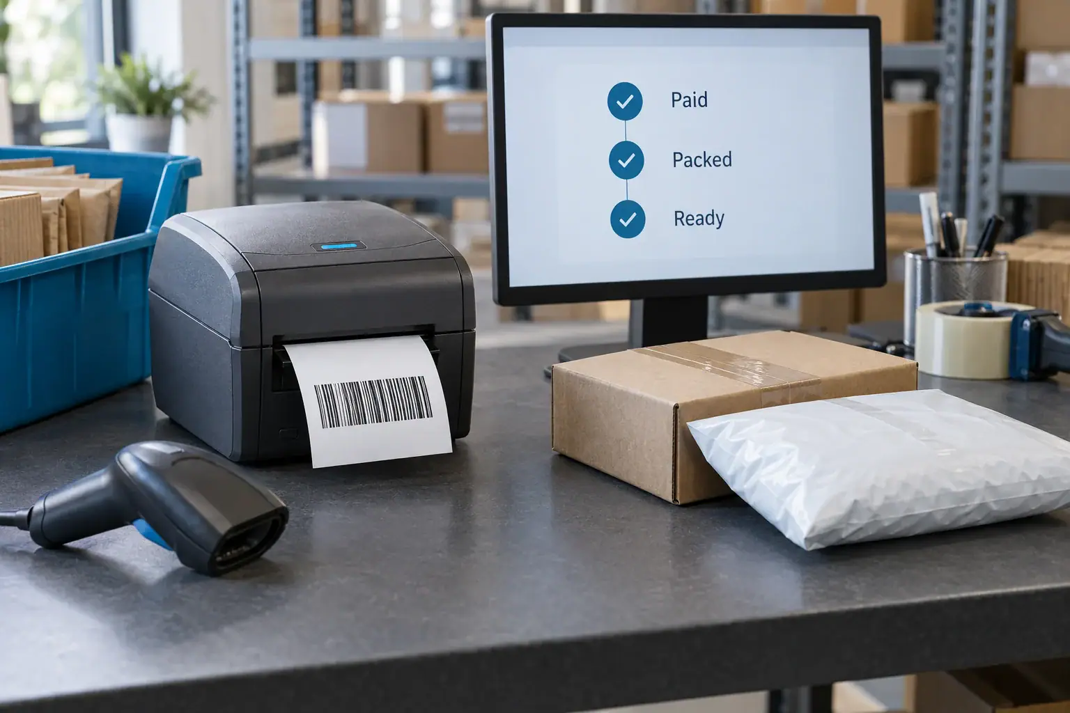 A real-looking fulfillment bench connects an order confirmation, barcode scan and shipping label printer.