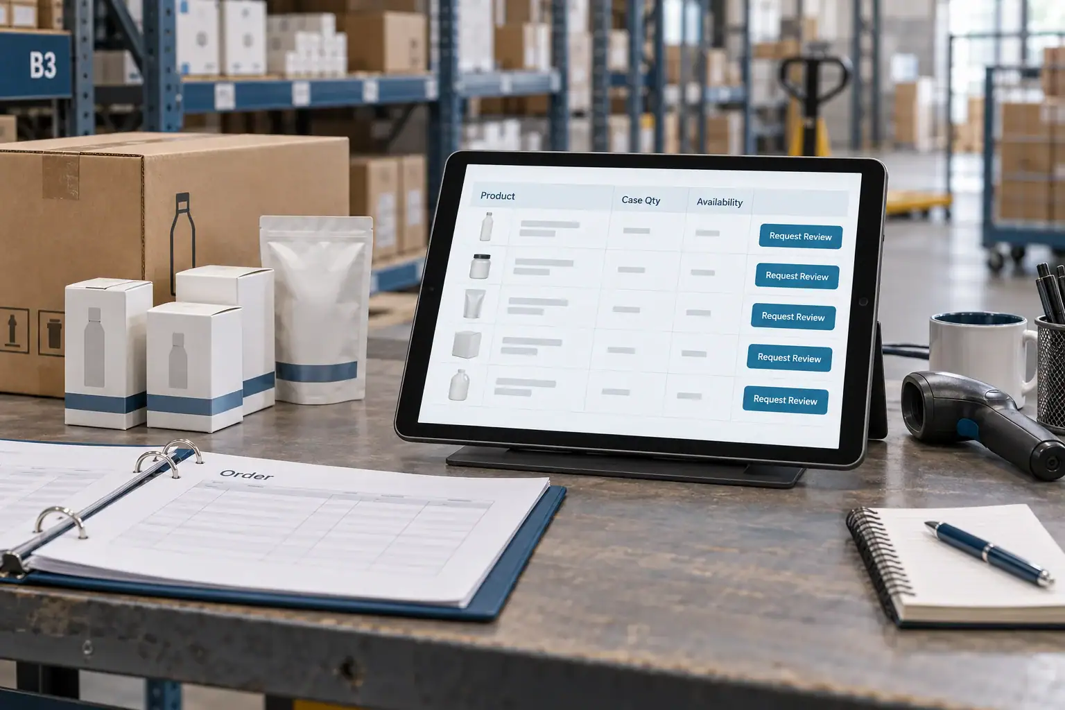 A wholesale ordering tablet shows account-specific product rows and case quantities at a practical warehouse desk.