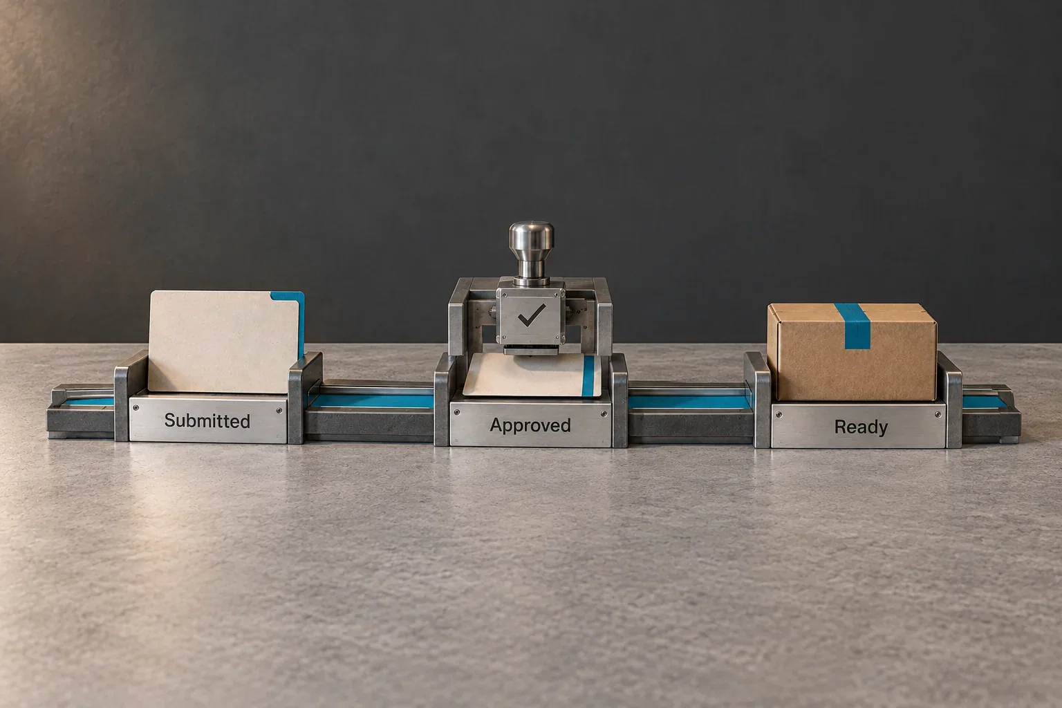 A physical order moves through submitted, approved and ready stages before dispatch.