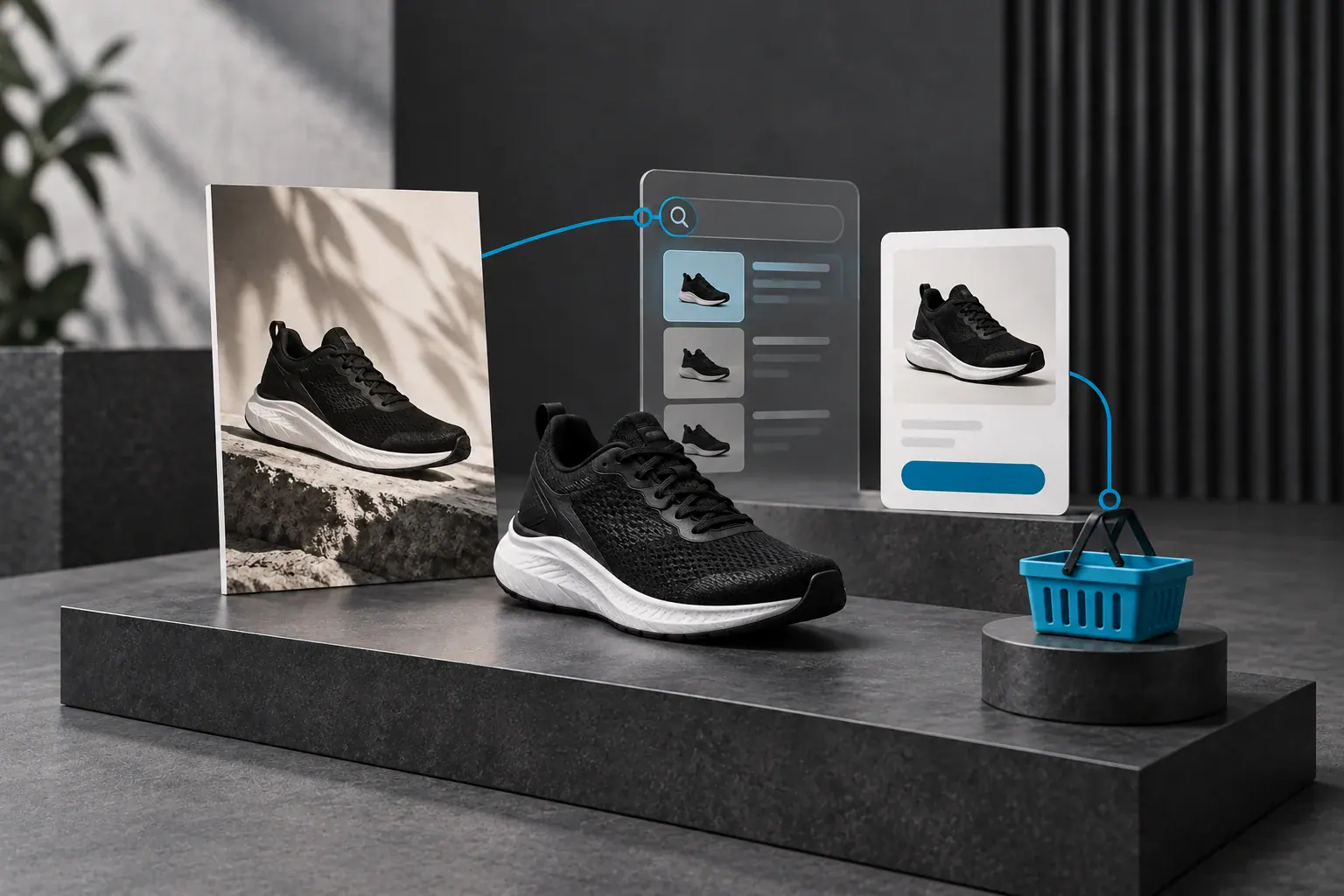 A product campaign, search result and store detail form a focused path from discovery to purchase.