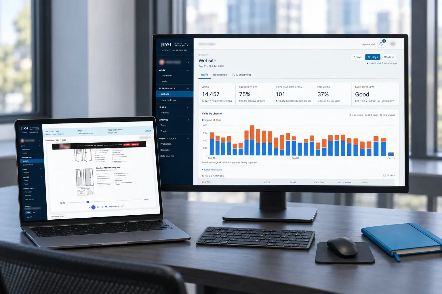 An agency workstation displays the supplied JWM traffic dashboard and a session-recording review while preserving masked details.