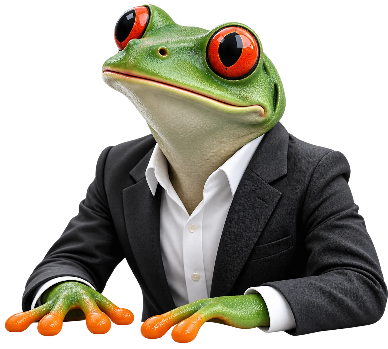 JWM frog mascot in a suit leaning on a desk