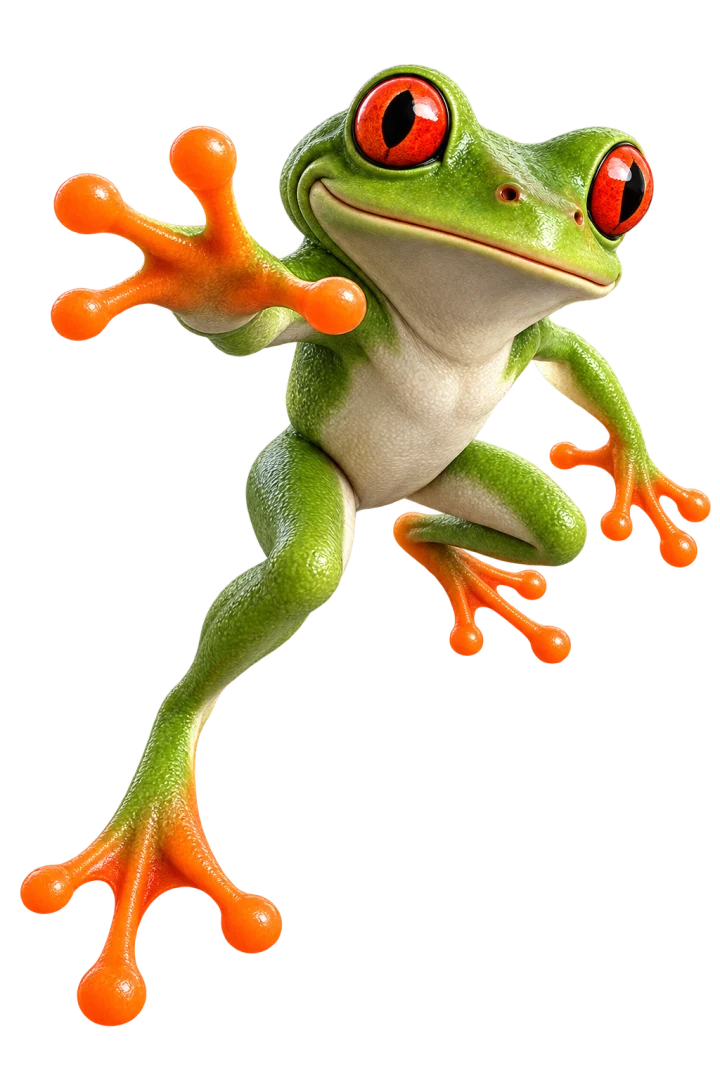 JWM red-eyed tree frog mascot mid-leap
