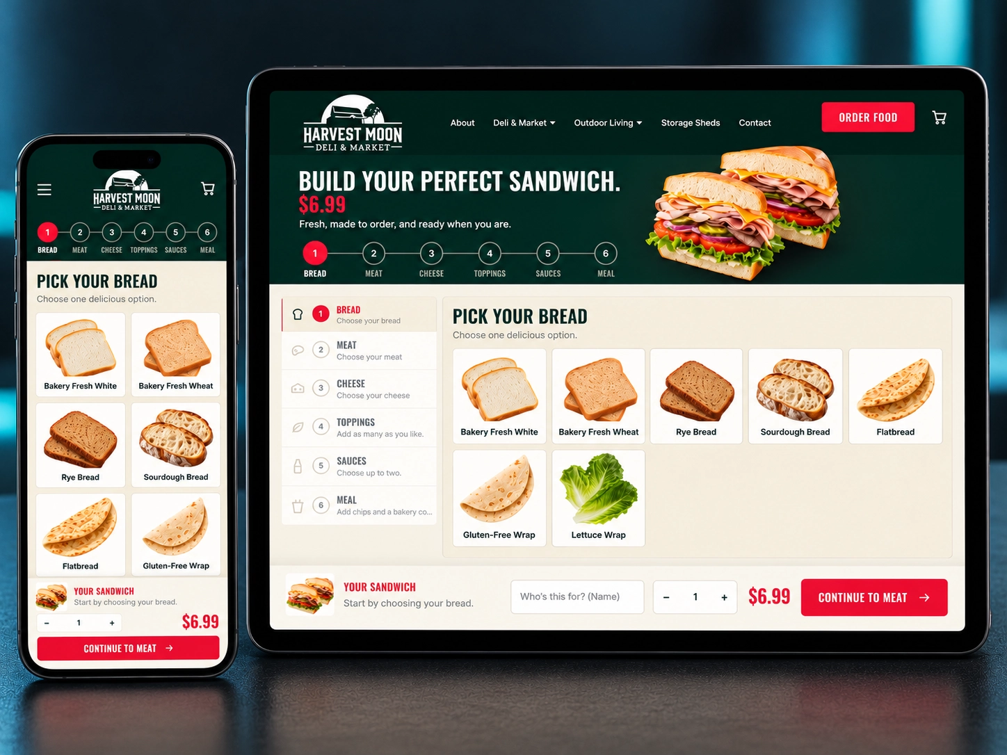 Harvest Moon Deli and Market sandwich builder shown on a phone and a tablet