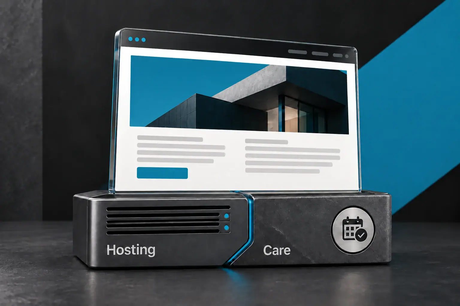 A website supported by connected Hosting and Care modules, with server ventilation and a calendar-check symbol in charcoal and JWM blue.