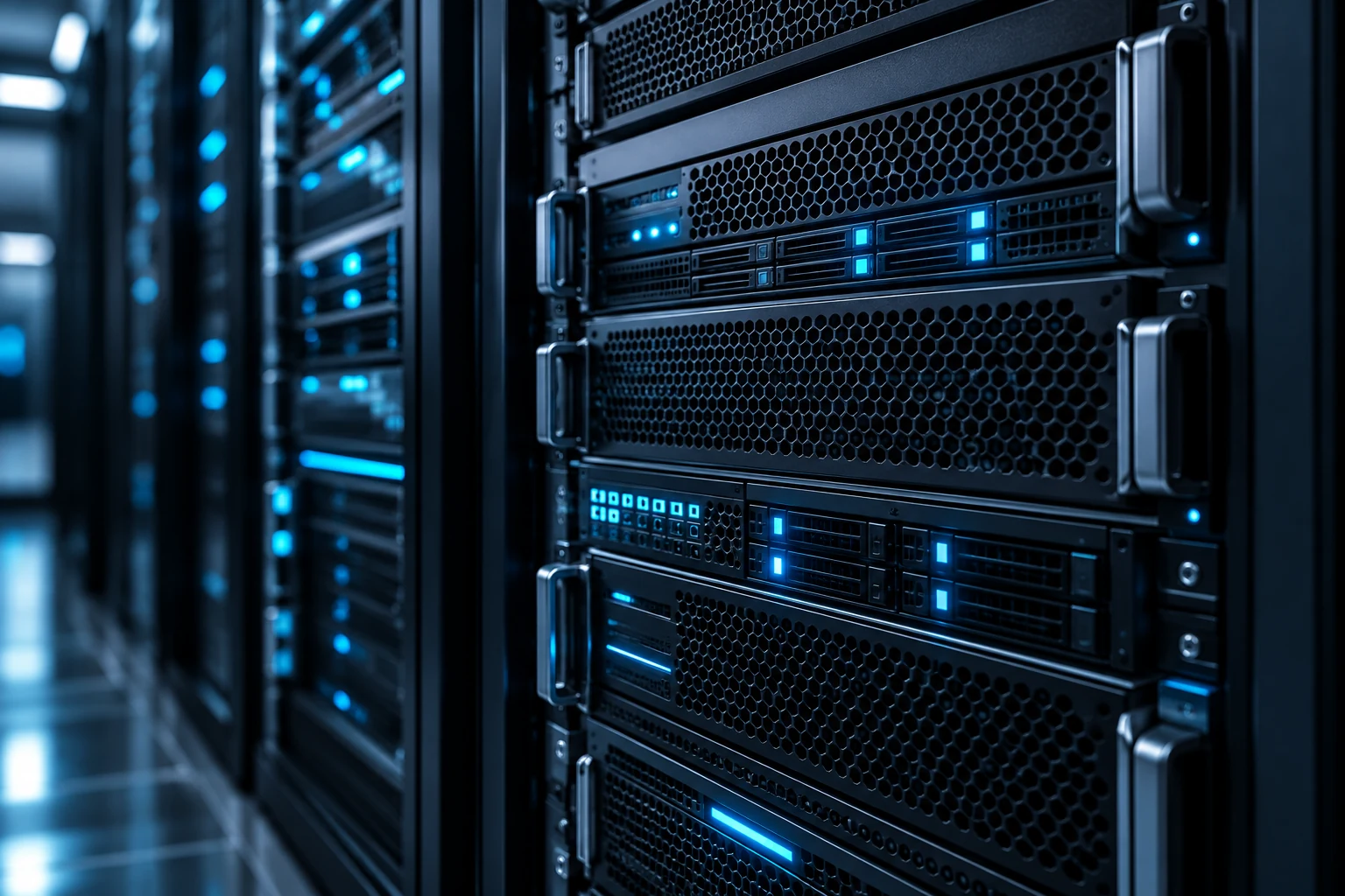 Close photographic view of a premium server rack with steel-blue status lights, subtle depth of field, detailed black metal ventilation, secure calm data-center atmosphere