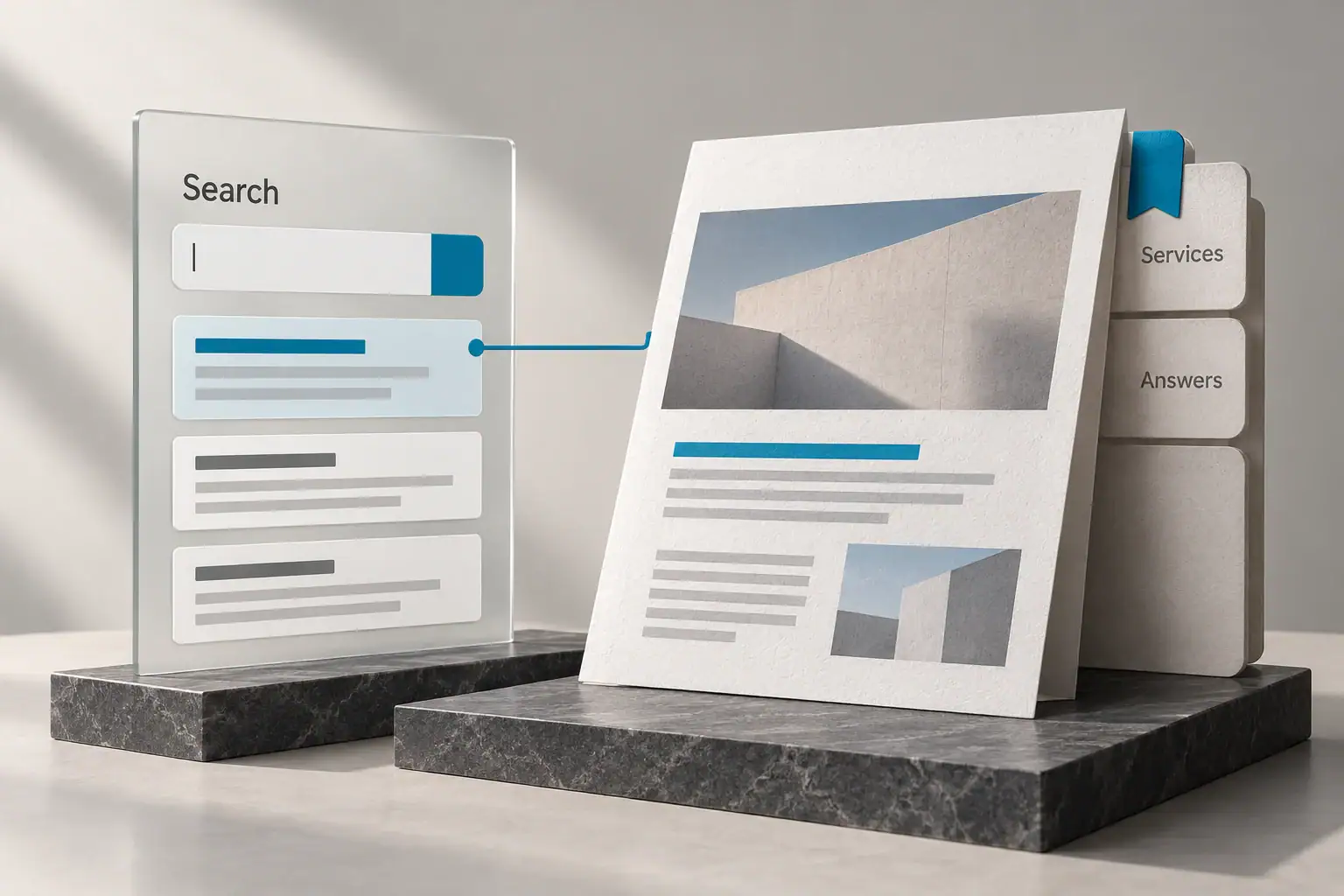 A crafted search result and organized page structure show how useful content becomes discoverable.