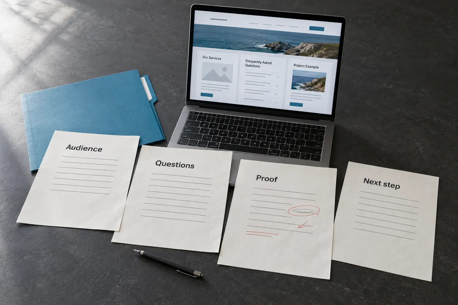 An editorial planning desk pairs organized content briefs with a clear website content map.