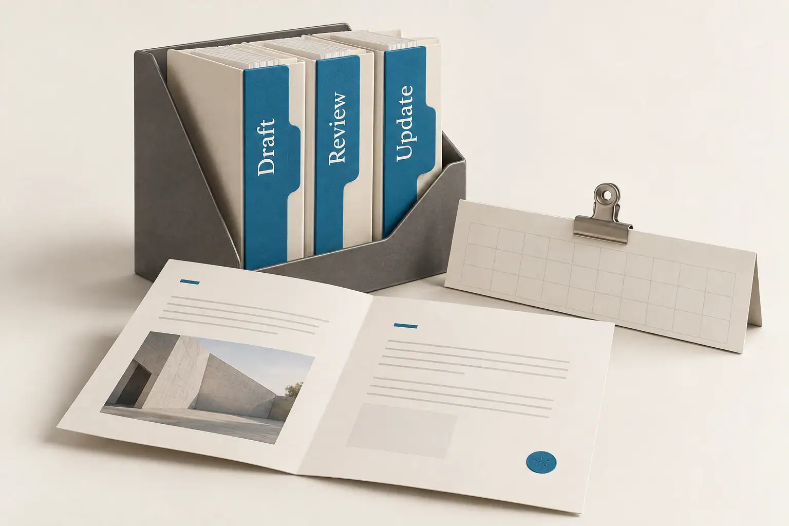 A refined editorial organizer moves a content brief through draft, review and update stages.