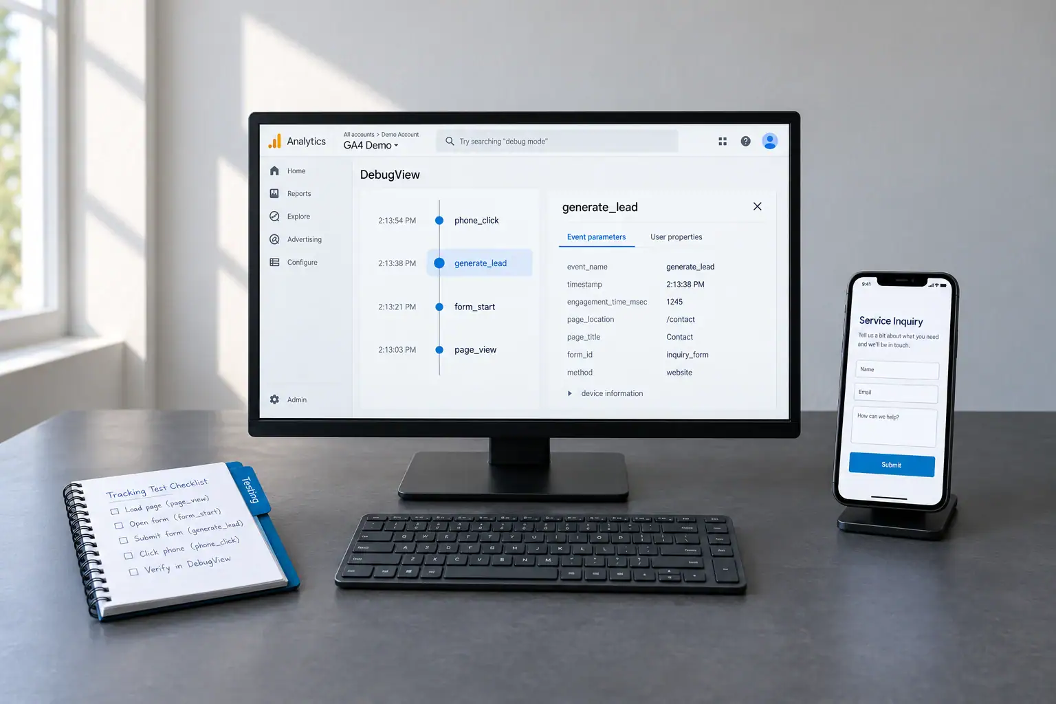 A testing workstation pairs a website form on a phone with a realistic analytics event-validation panel.