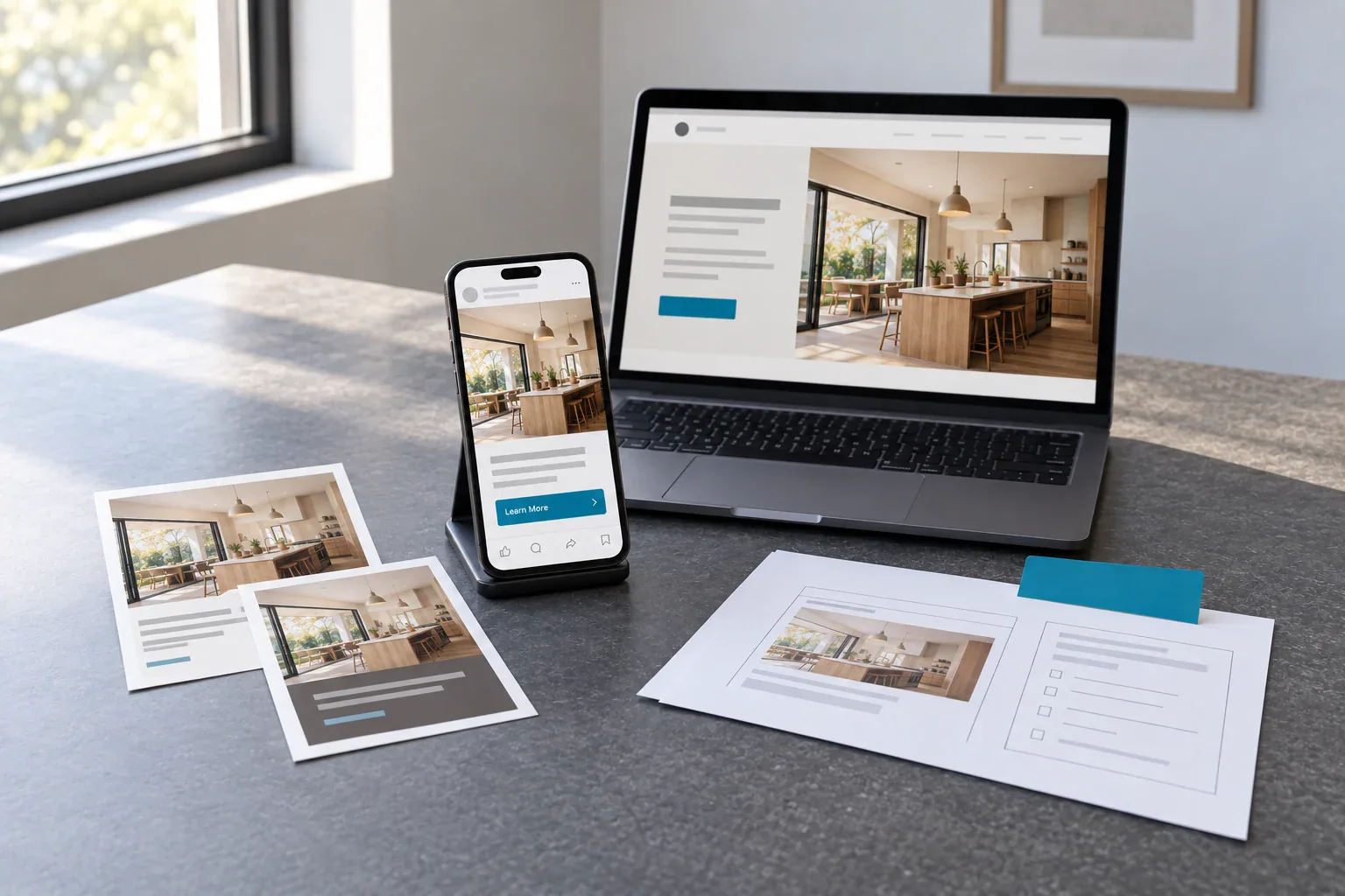 A realistic campaign desk shows coordinated social ad concepts on a phone and printed creative proofs.