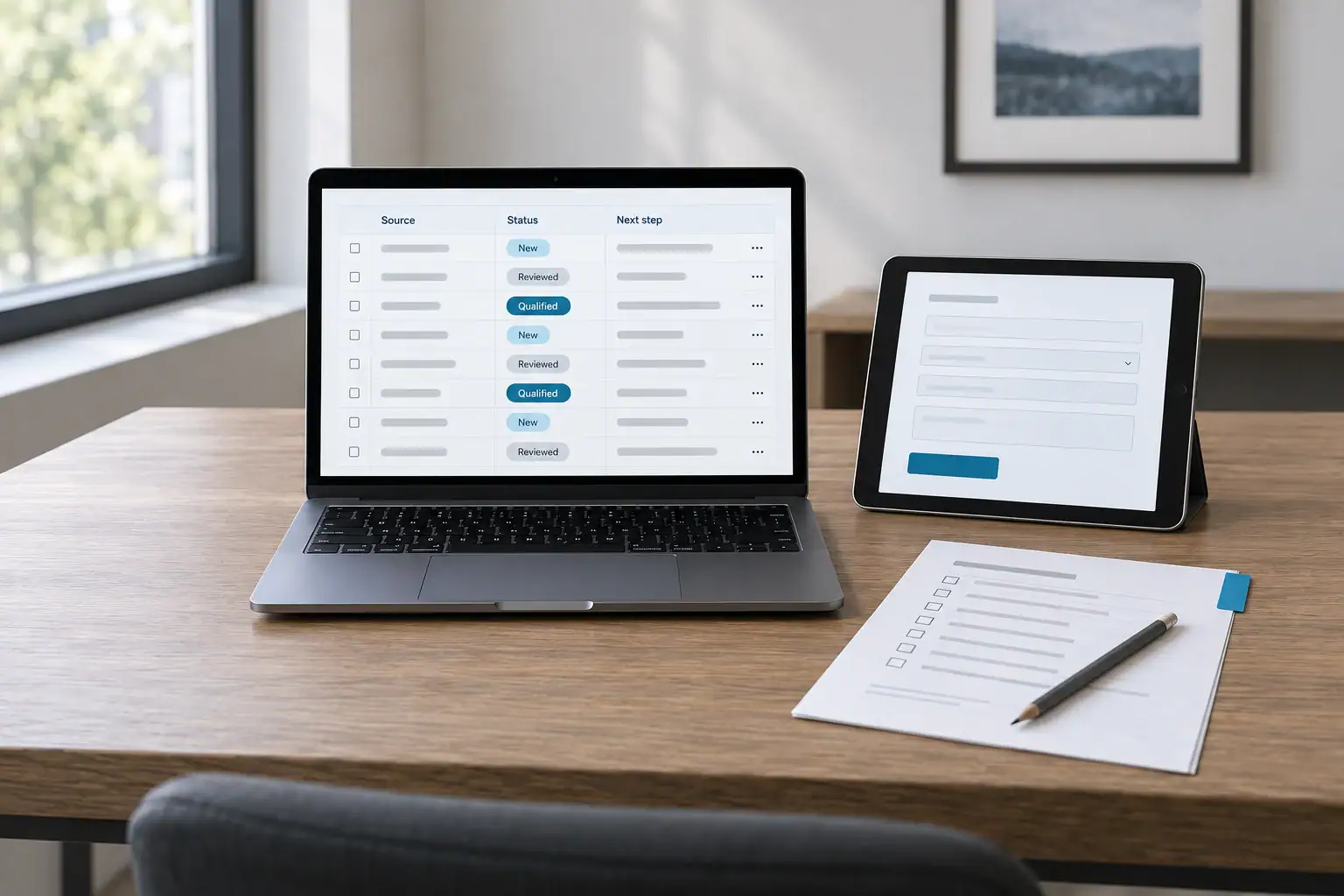 A practical review desk pairs a concise inquiry form with anonymized lead-quality statuses.
