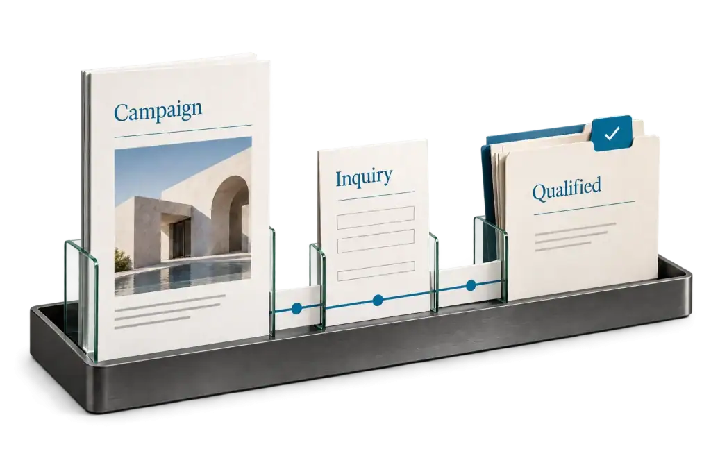 An isolated campaign plan, inquiry card and reviewed lead folder connect marketing activity with a qualified opportunity.
