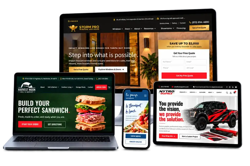 Four JWM-built client websites shown on a desktop monitor, laptop, tablet and phone