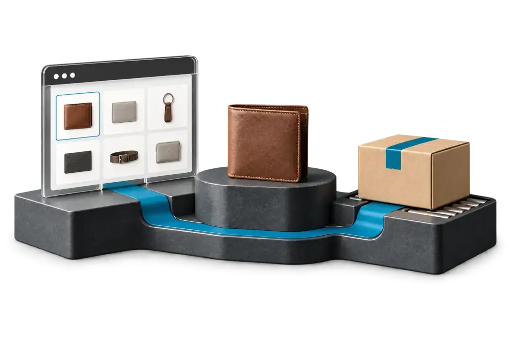 A sculptural storefront, product selection and parcel connected as one ecommerce system in JWM blue.