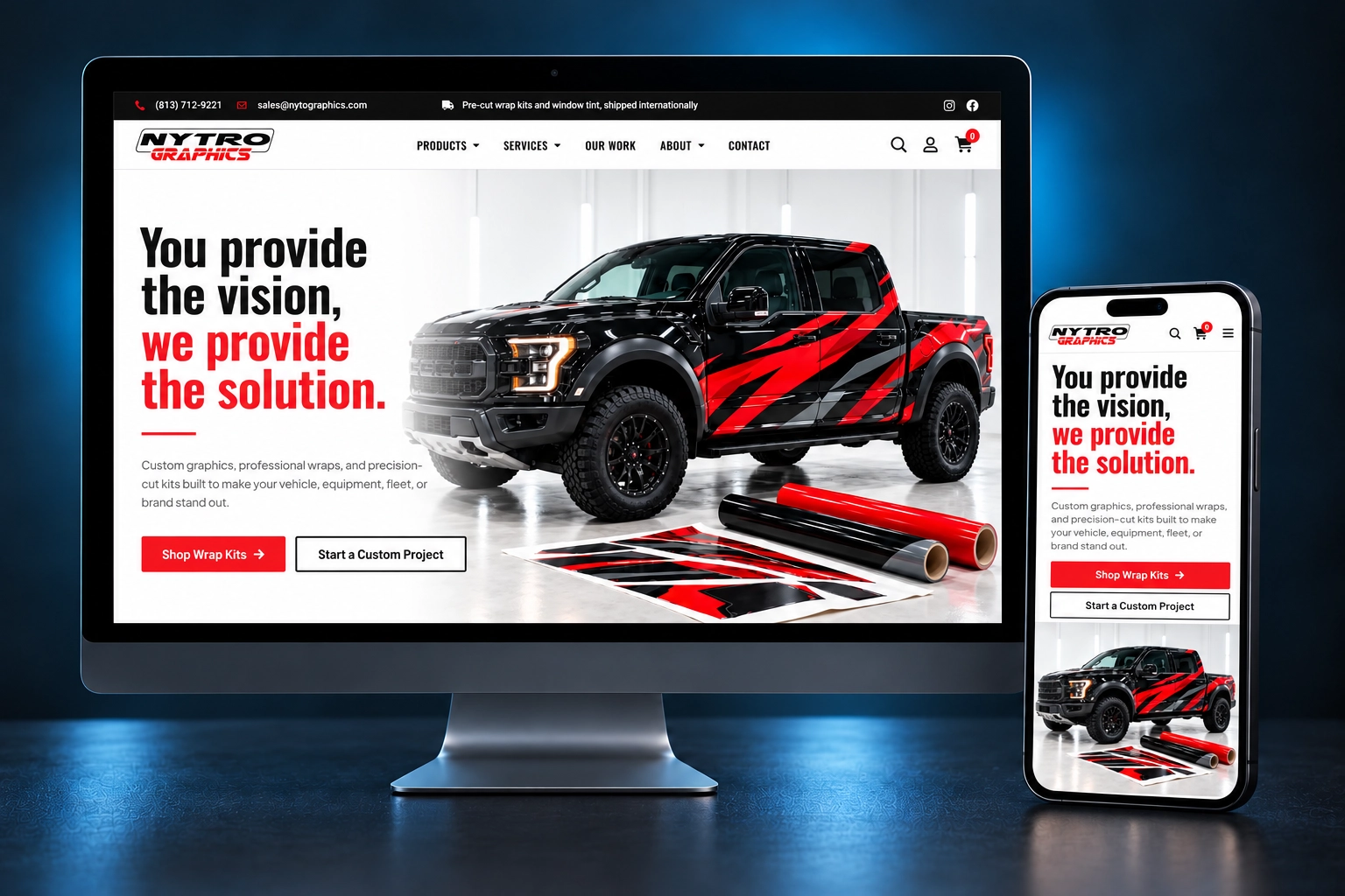 Nytro Graphics custom website shown on a desktop monitor and a phone