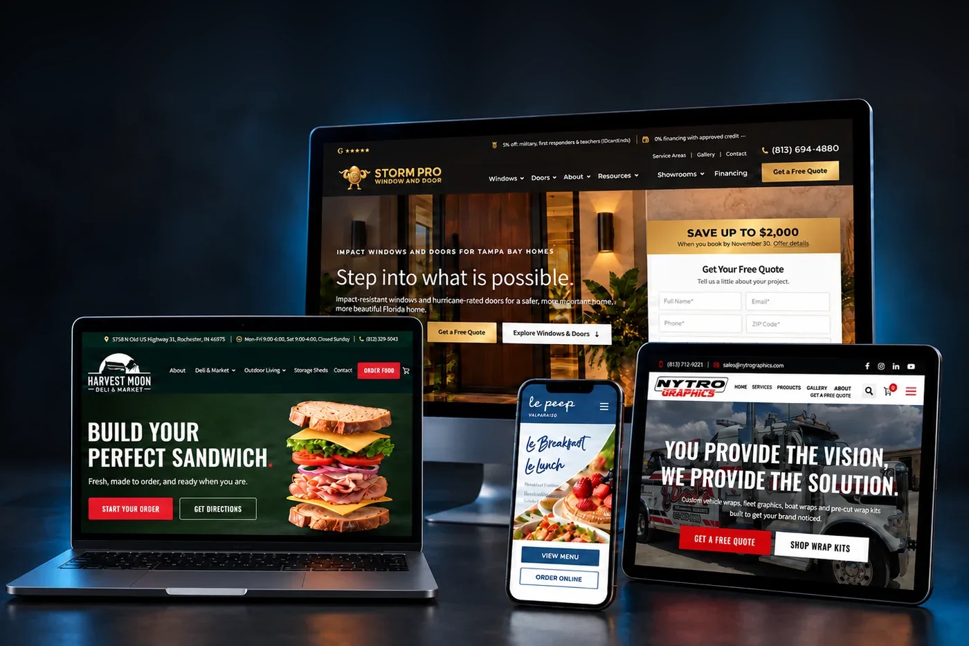 Storm Pro, Harvest Moon, Le Peep and Nytro Graphics websites shown on a desktop, laptop, phone and tablet